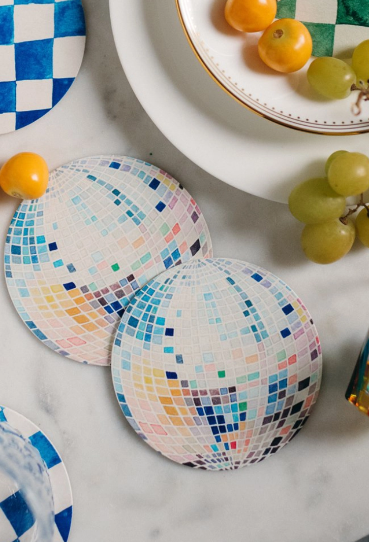 Rainbow Disco Ball Reusable Chipboard Coasters - Set of Four