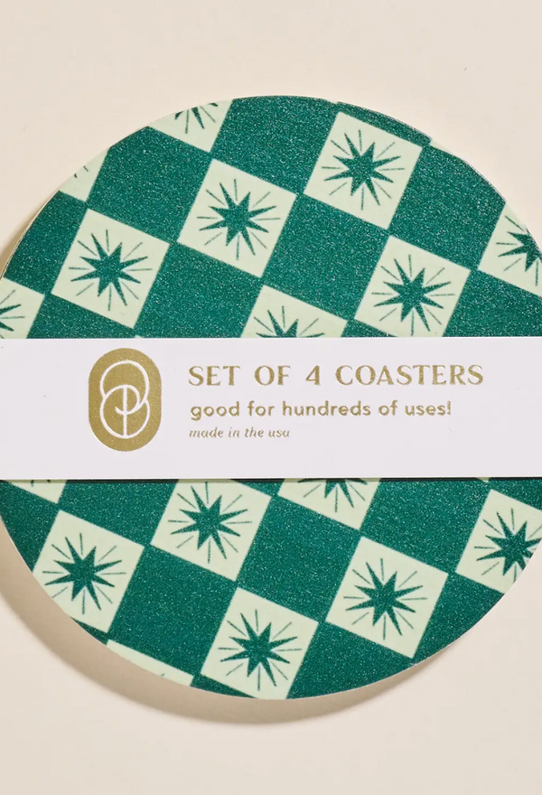 Green Checkered Star Coasters - Set of 4