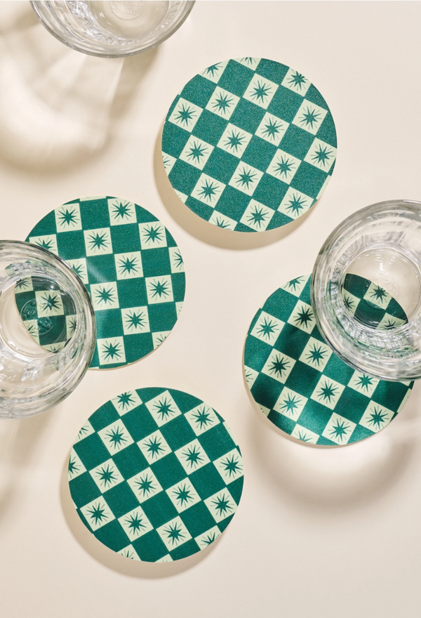 Green Checkered Star Coasters - Set of 4