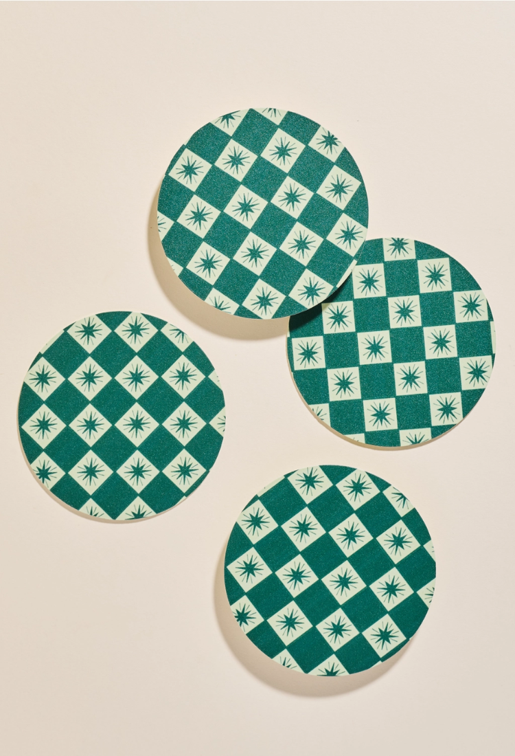 Green Checkered Star Coasters - Set of 4