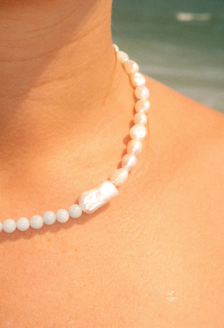 Quince - Blue Jade & Fresh Water Pearl Stone Necklace