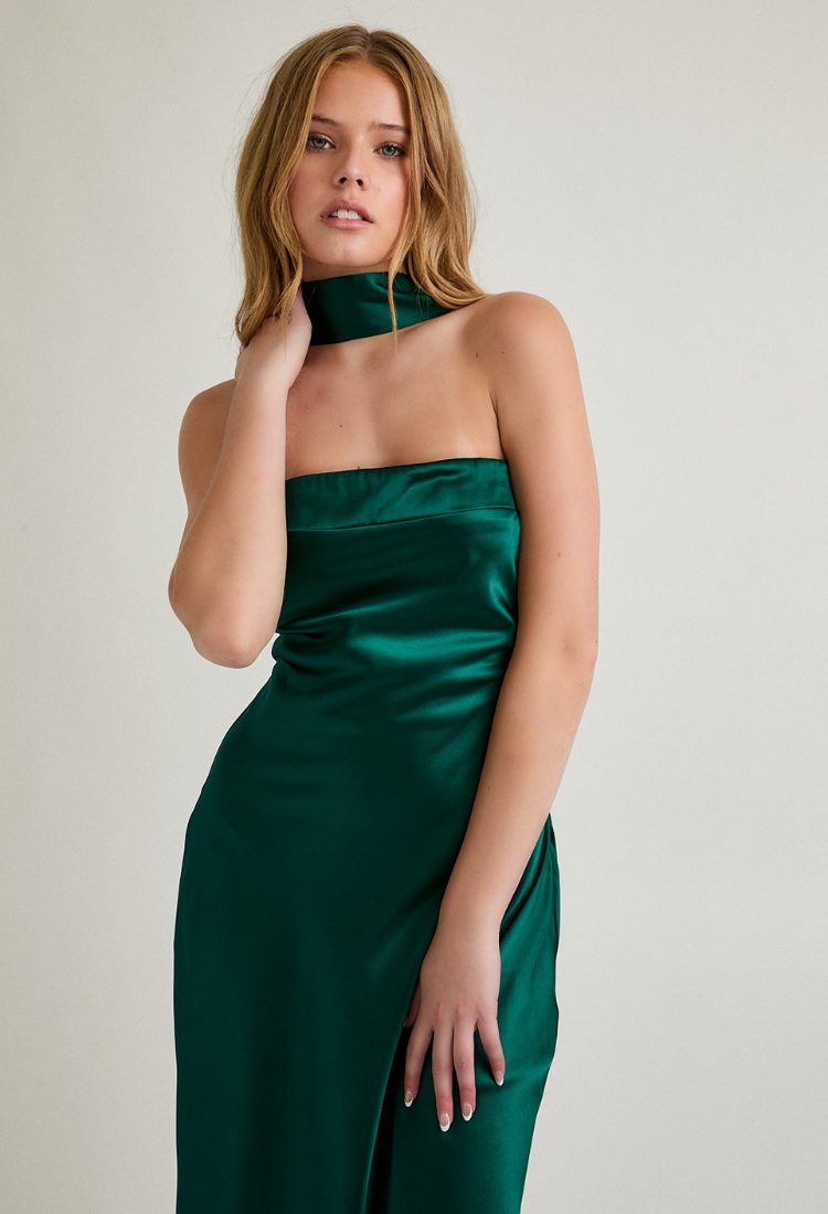 Evergreen Satin Midi Dress