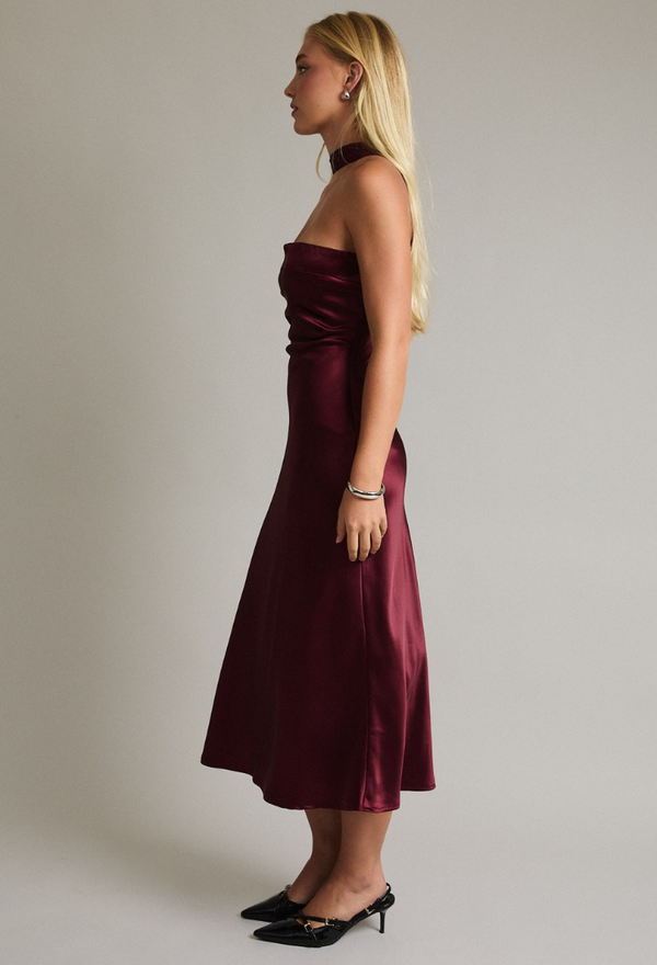 Merlot Satin Midi Dress