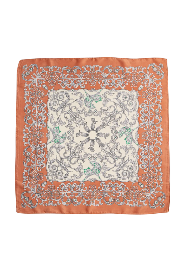 Baroque Print Silk-Texture Orange Square Scarf