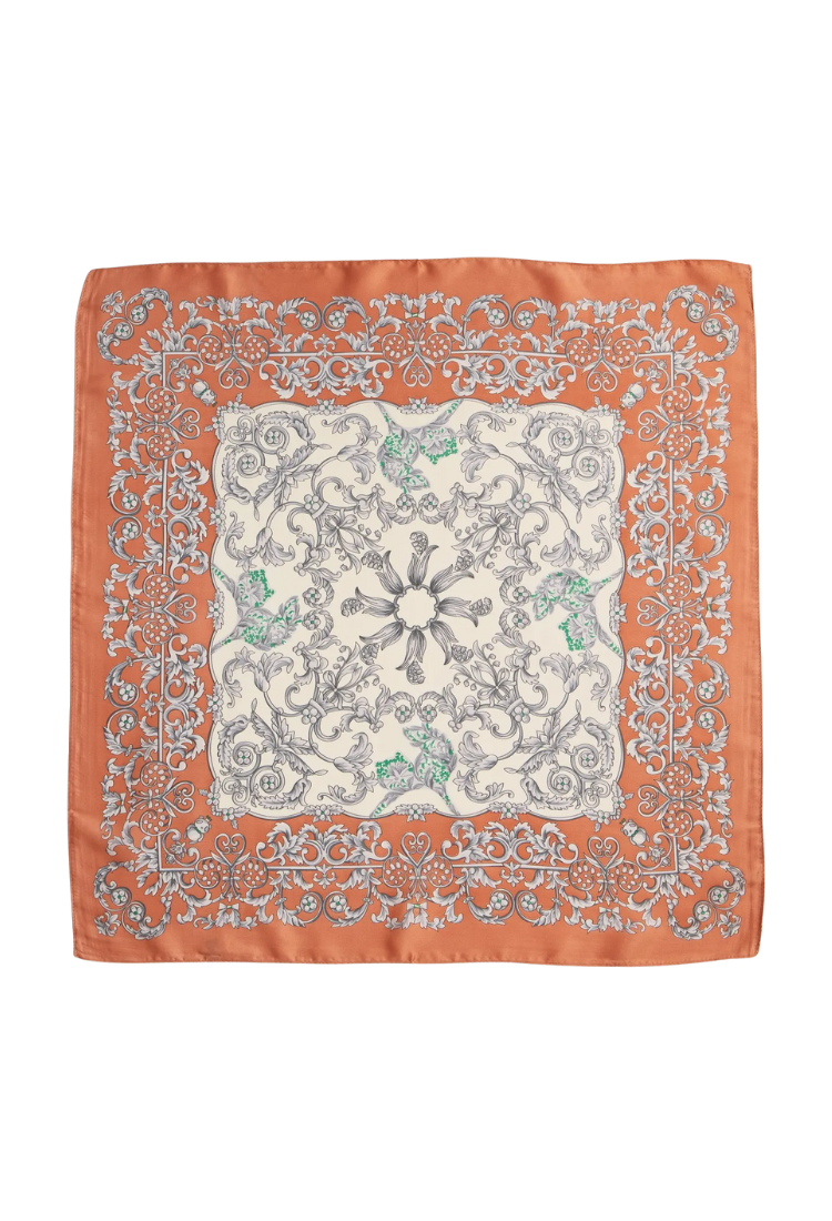 Baroque Print Silk-Texture Orange Square Scarf