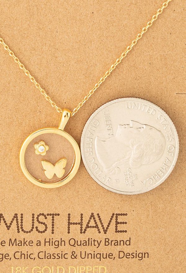 Mini Flower Butterfly Coin Pendant Necklace