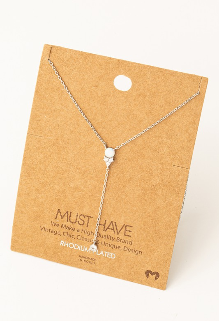 Pearl Rhinestone Silver Charm Y Necklace