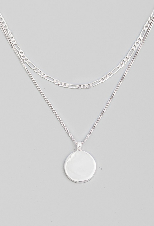 Layered Chain Link Disc Silver Pendant Necklace