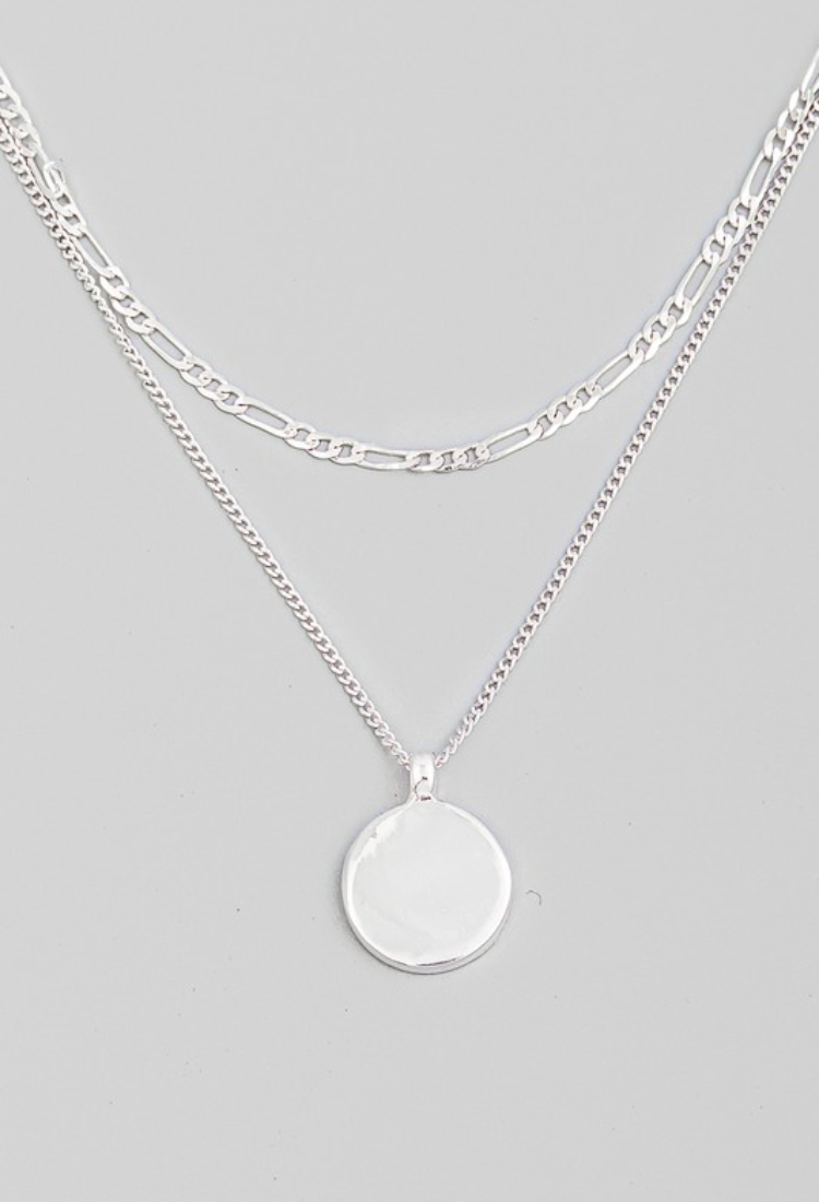 Layered Chain Link Disc Silver Pendant Necklace